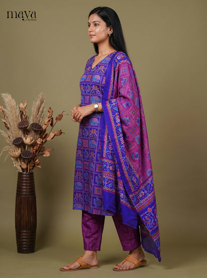 Vibrant Blue & Purple Semi Patola Readymade 3PC Suits with floral print