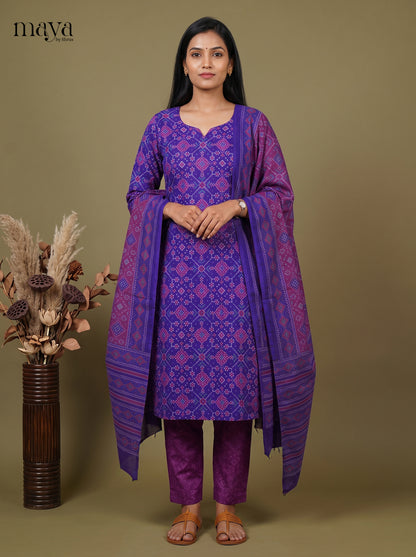 Graceful Blue & Purple Semi Patola Readymade 3PC Suits with floral print