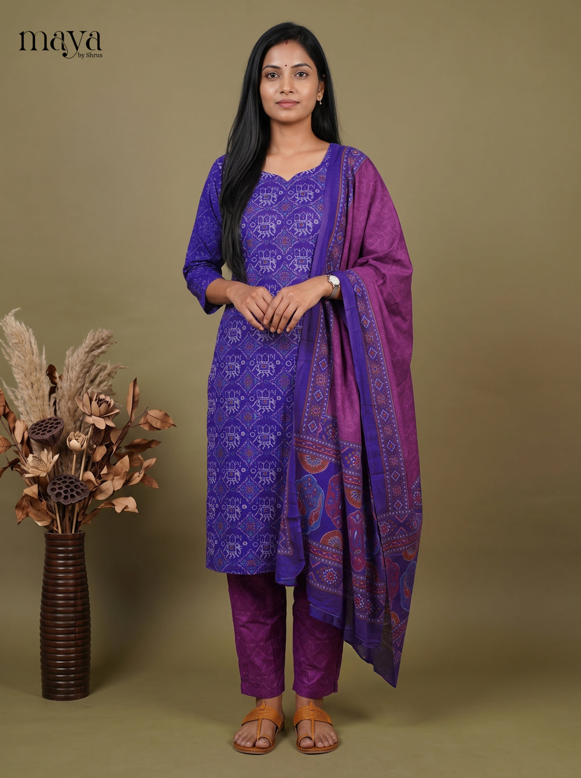 Elegant Blue & Purple  Semi Patola Readymade 3PC Suits with floral print
