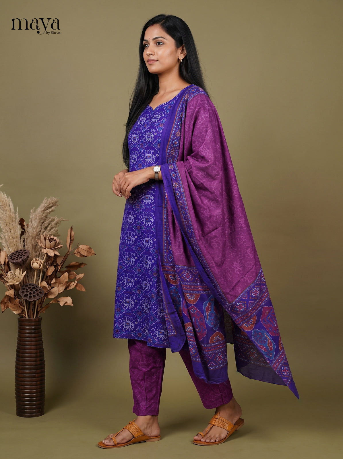 Elegant Blue & Purple  Semi Patola Readymade 3PC Suits with floral print