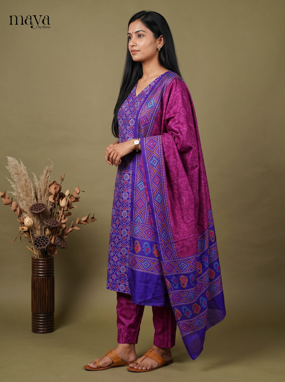 Pretty Blue & Purple Semi Patola Readymade 3PC Suits with floral print