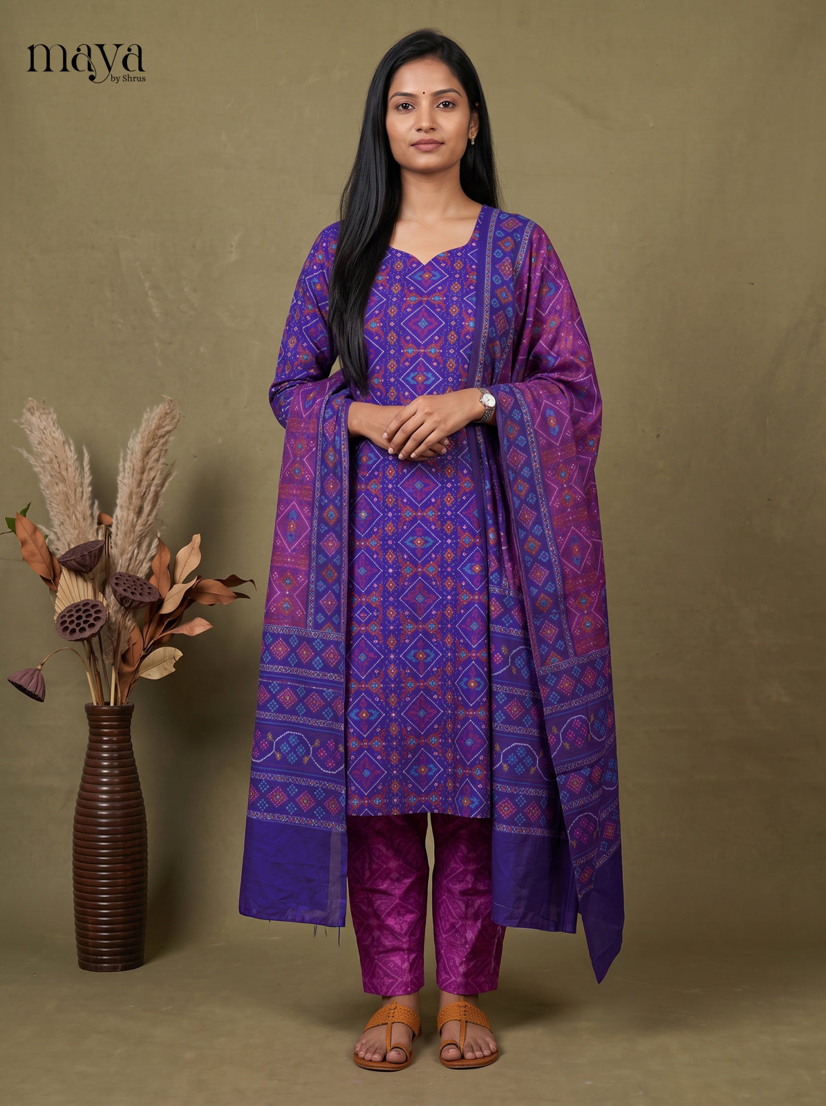 Elegant Blue & Purple Semi Patola Readymade 3PC Suits with  floral print