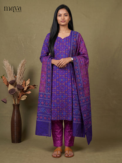 Elegant Blue & Purple Semi Patola Readymade 3PC Suits with  floral print