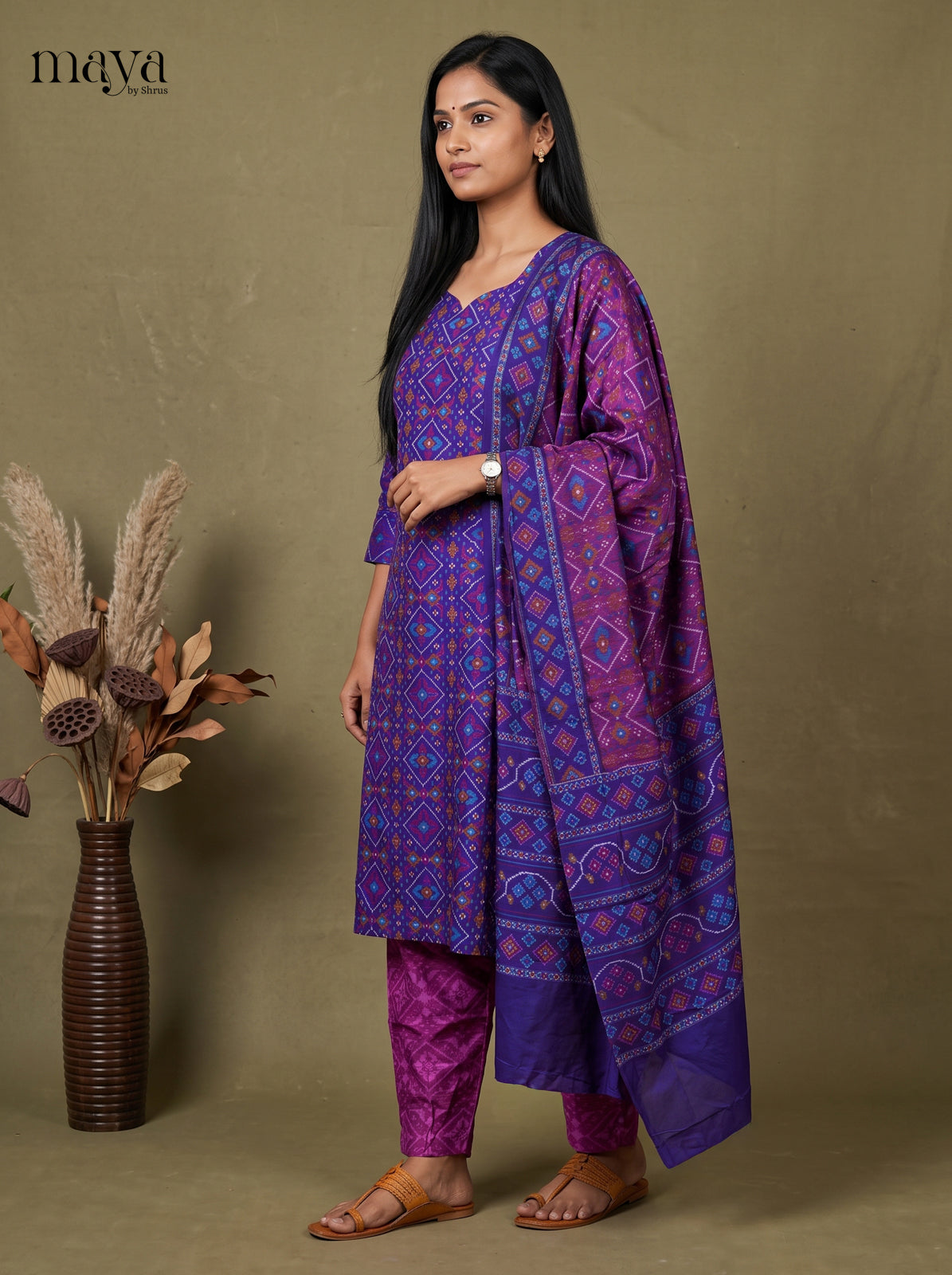Elegant Blue & Purple Semi Patola Readymade 3PC Suits with  floral print