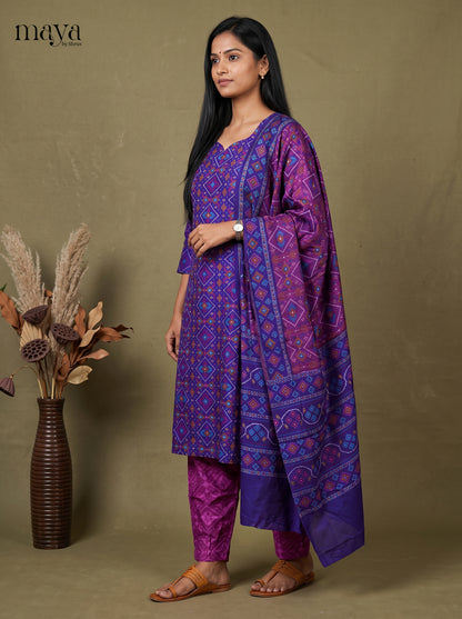 Elegant Blue & Purple Semi Patola Readymade 3PC Suits with  floral print