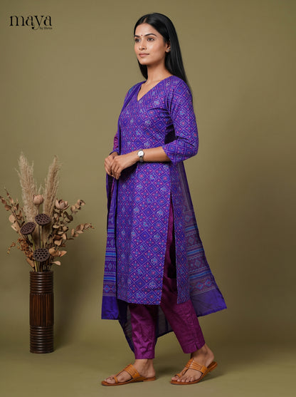 Graceful Blue & Purple Semi Patola Readymade 3PC Suits with floral print